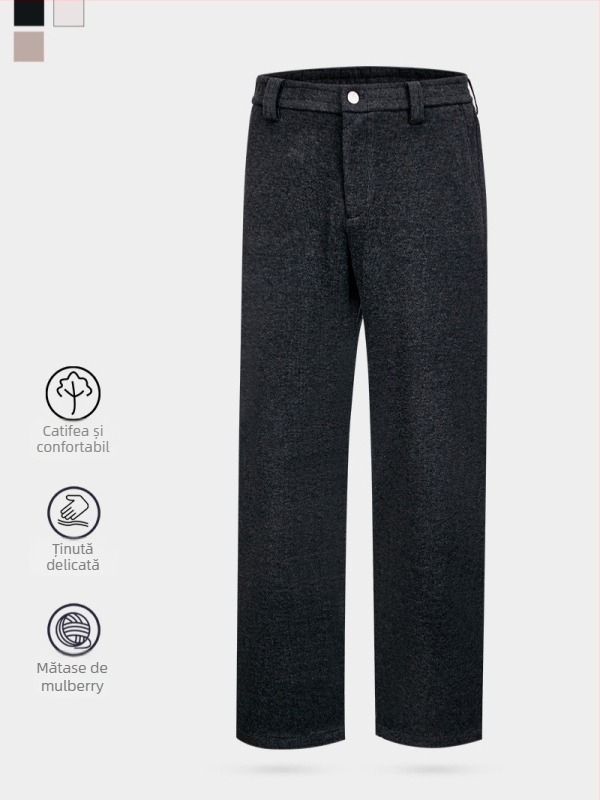 Pantaloni casual pentru bărbați, iarnă, din Mulberry silk acetate wool, groși, croială dreaptă, talie medie, închidere cu fermoar