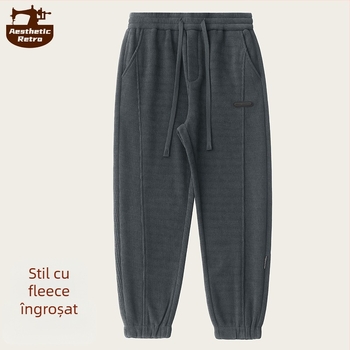 Pantaloni sport casual pentru bărbați, croială lejeră, talie medie, închidere cu șnur, 95% poliester, amestec de fibre, pentru iarnă