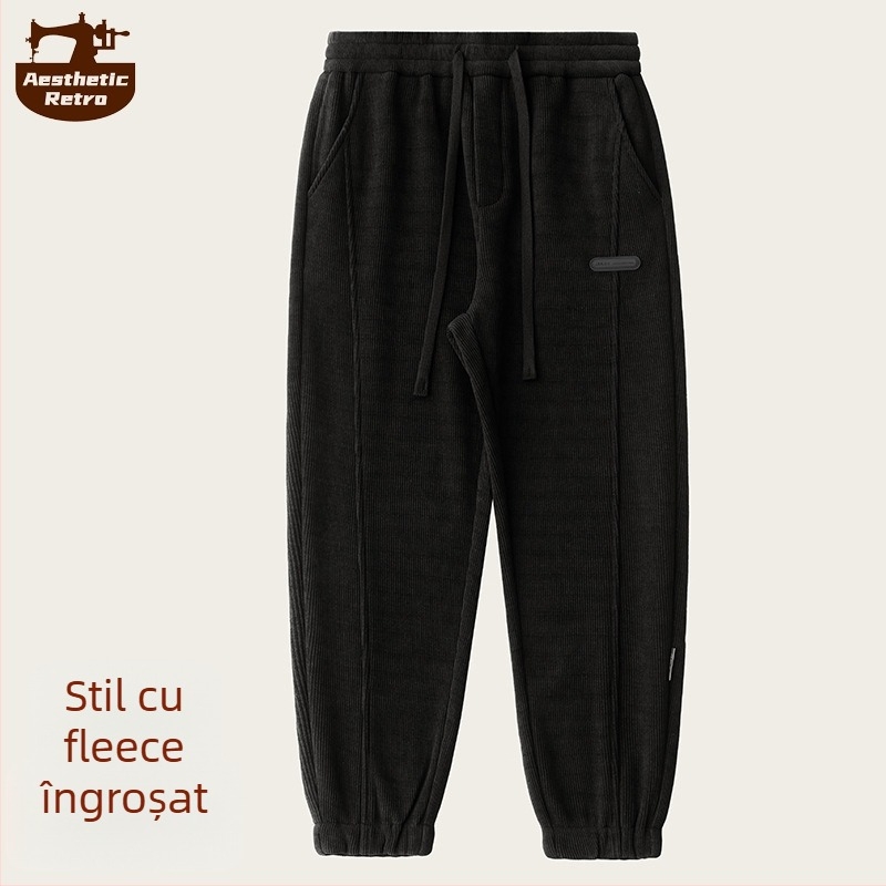 Pantaloni sport casual pentru bărbați, croială lejeră, talie medie, închidere cu șnur, 95% poliester, amestec de fibre, pentru iarnă