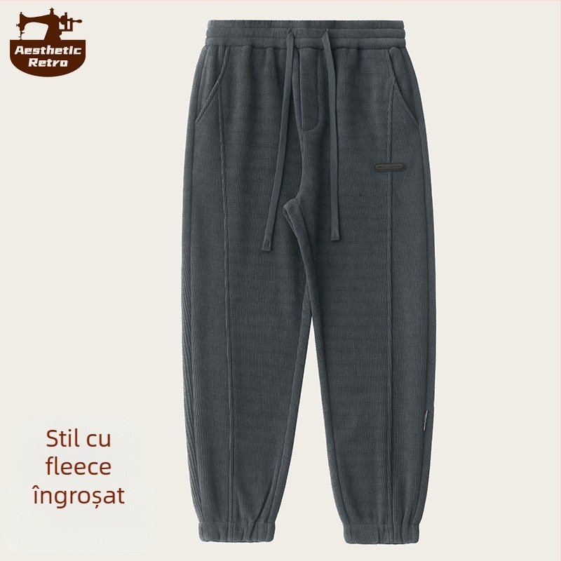 Pantaloni sport casual pentru bărbați, croială lejeră, talie medie, închidere cu șnur, 95% poliester, amestec de fibre, pentru iarnă