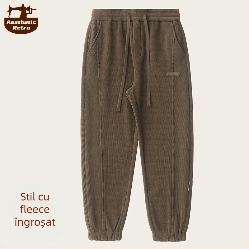 Pantaloni sport casual pentru bărbați, croială lejeră, talie medie, închidere cu șnur, 95% poliester, amestec de fibre, pentru iarnă