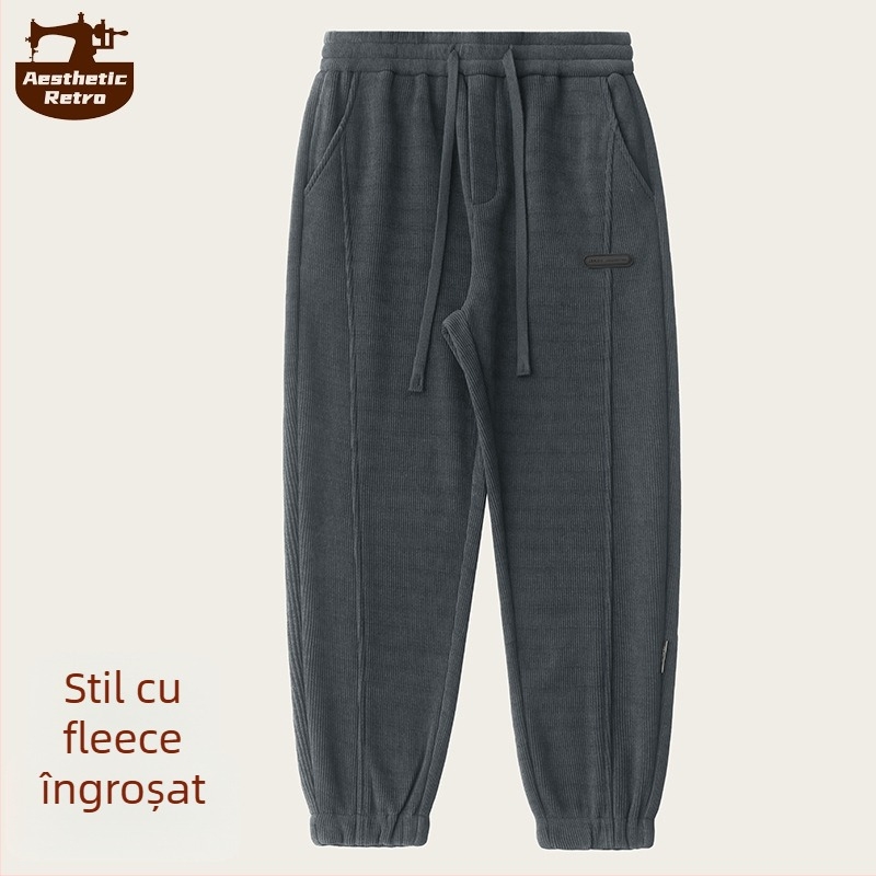 Pantaloni sport casual pentru bărbați, croială lejeră, talie medie, închidere cu șnur, 95% poliester, amestec de fibre, pentru iarnă