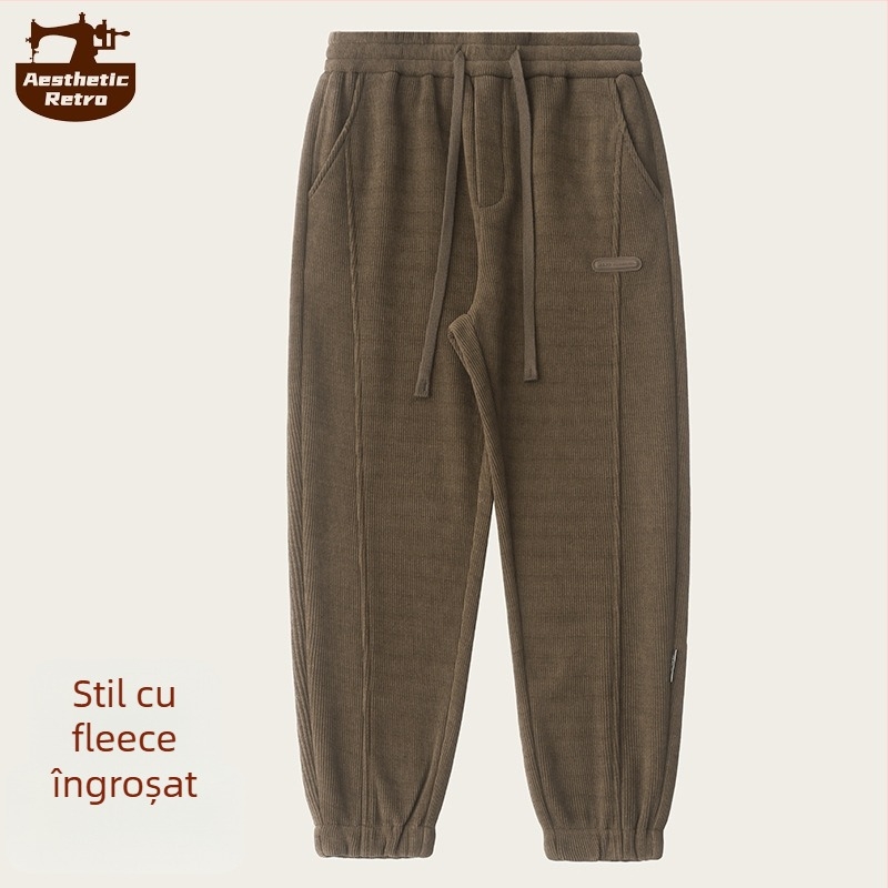 Pantaloni sport casual pentru bărbați, croială lejeră, talie medie, închidere cu șnur, 95% poliester, amestec de fibre, pentru iarnă