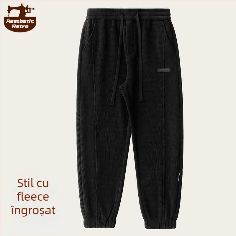 Pantaloni sport casual pentru bărbați, croială lejeră, talie medie, închidere cu șnur, 95% poliester, amestec de fibre, pentru iarnă
