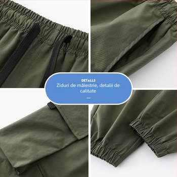 Pantaloni cargo în stil coreean pentru bărbați, ușori, pantaloni de vară cu talie medie și șnur, multe buzunare, poliester