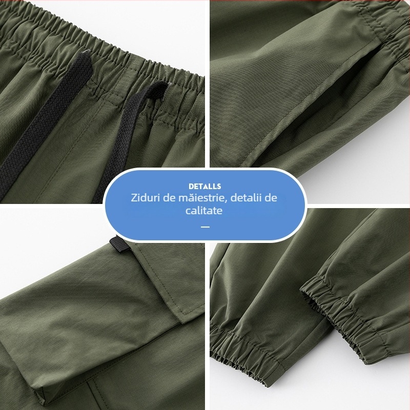 Pantaloni cargo în stil coreean pentru bărbați, ușori, pantaloni de vară cu talie medie și șnur, multe buzunare, poliester