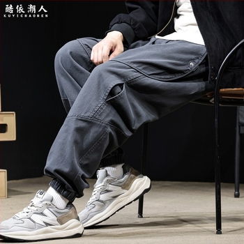 Pantaloni casual din bumbac pentru bărbați, croială lejeră, talie medie, închidere cu șnur, culoare solidă