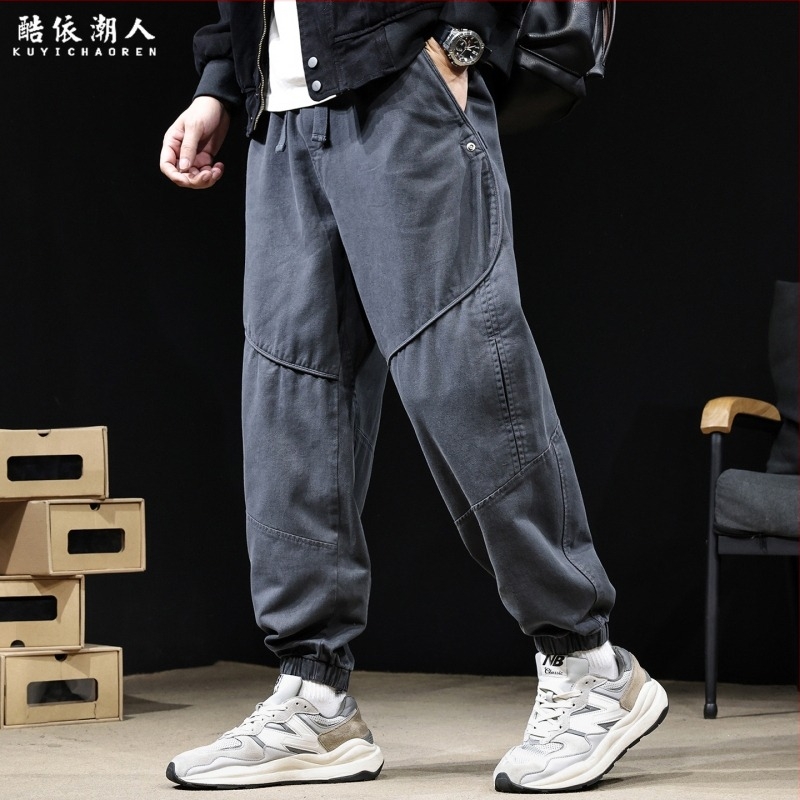 Pantaloni casual din bumbac pentru bărbați, croială lejeră, talie medie, închidere cu șnur, culoare solidă