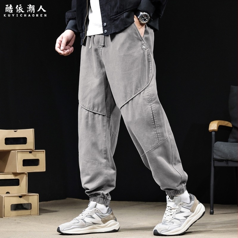 Pantaloni casual din bumbac pentru bărbați, croială lejeră, talie medie, închidere cu șnur, culoare solidă