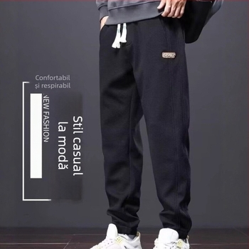 Pantaloni sport casual pentru bărbați – căptușiți cu fleece, talie medie, închidere cu șiret, croială lejeră, poliester
