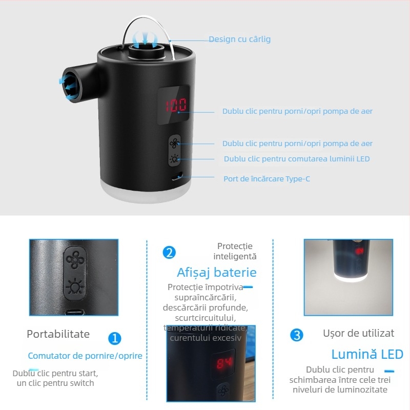 Pompa de aer cu afișaj digital și iluminare — portabilă, electrică, pentru exterior, destinată pentru saltea de aer, inel de înot și pernă gonflabilă