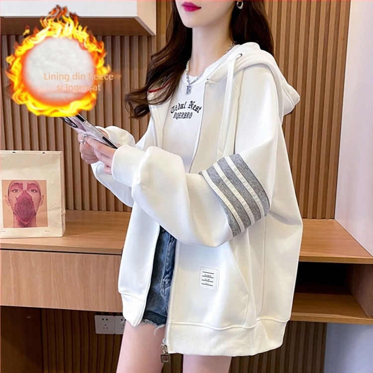 Cardigan în stil coreean, croială lejeră, cu glugă și fermoar, căptușit cu polar