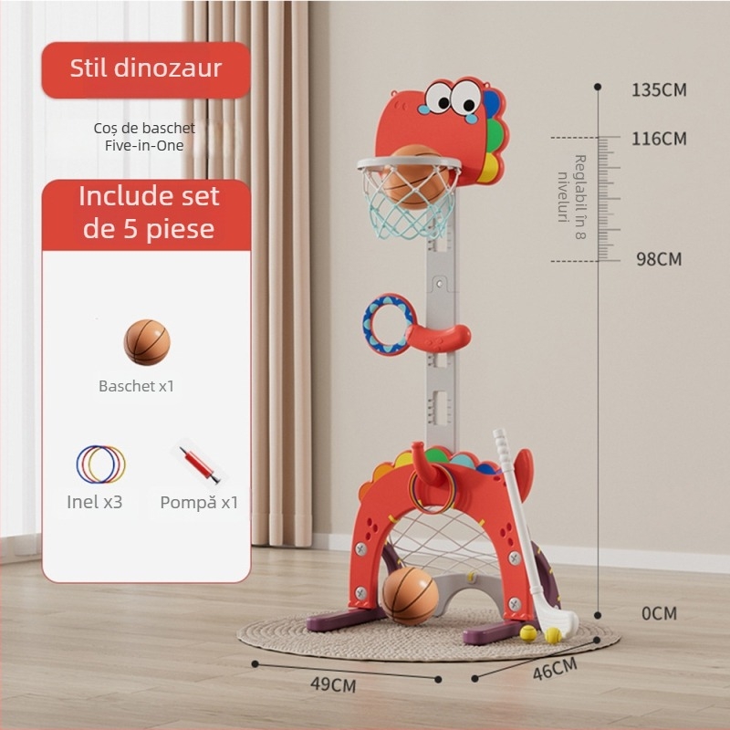 Coș baschet interior reglabil pentru copii – set de joacă cinci în unu, structură din plastic, pentru copii 4–6 ani