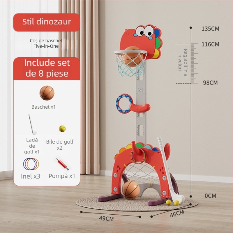 Coș baschet interior reglabil pentru copii – set de joacă cinci în unu, structură din plastic, pentru copii 4–6 ani