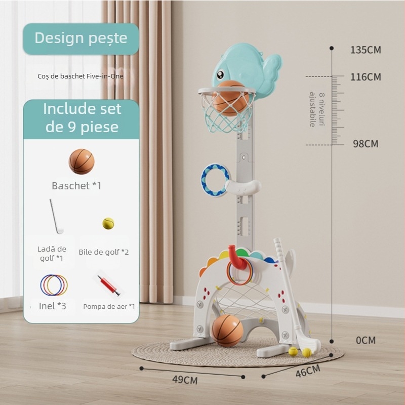 Coș baschet interior reglabil pentru copii – set de joacă cinci în unu, structură din plastic, pentru copii 4–6 ani