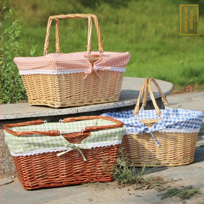 Coș de picnic din ratan, împletitură din ratan, stil lux ușor