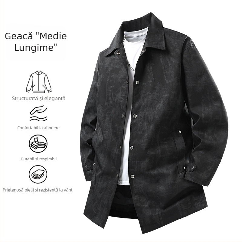 Palton trench lungime medie, guler lapel, model camuflaj floral, material poliester amestec, căptușeală 100% poliester, cu închidere cu nasturi, buzunare laterale, pentru toamnă