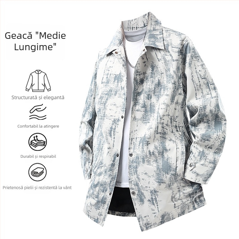Palton trench lungime medie, guler lapel, model camuflaj floral, material poliester amestec, căptușeală 100% poliester, cu închidere cu nasturi, buzunare laterale, pentru toamnă