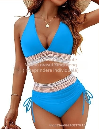 Costum de baie bikini pentru femei, talie înaltă, gât halter, spate decupat, cupă căptușită, poliester