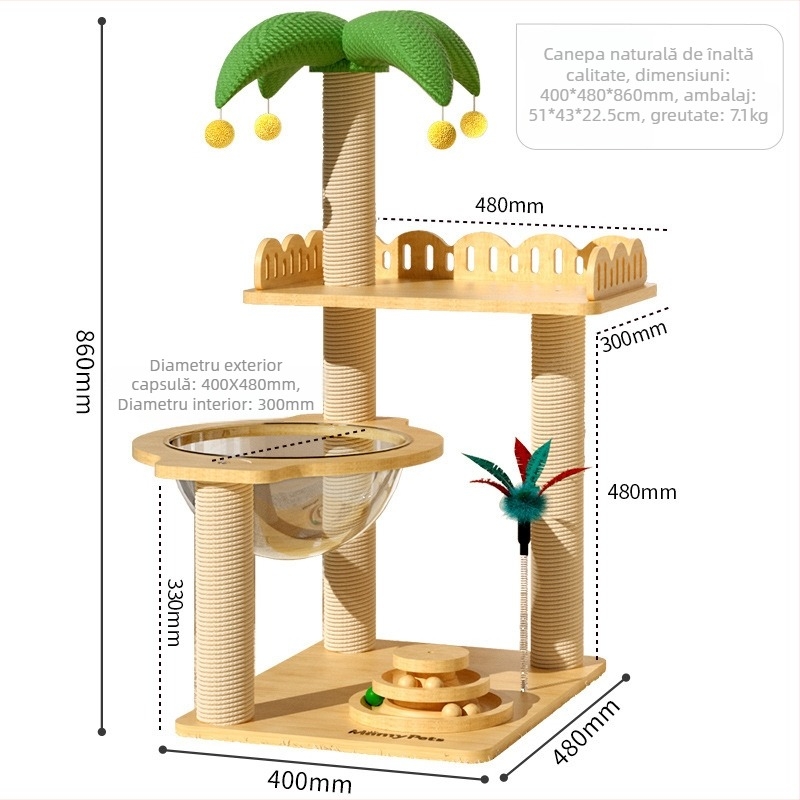 Raft de cățărare pentru pisici cu cuib și copac, plăcuță de zgâriere încorporată, design capsulă spațială, stil minimalist, material sisal
