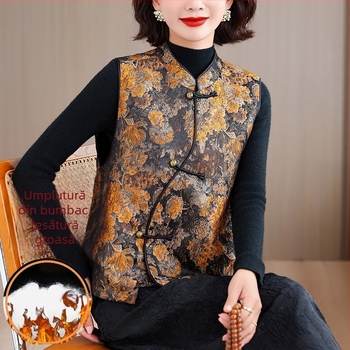 Vesta jacquard floral, quilted, cu guler în formă de V, umplutură din bumbac, închidere cu nasturi pe un rând