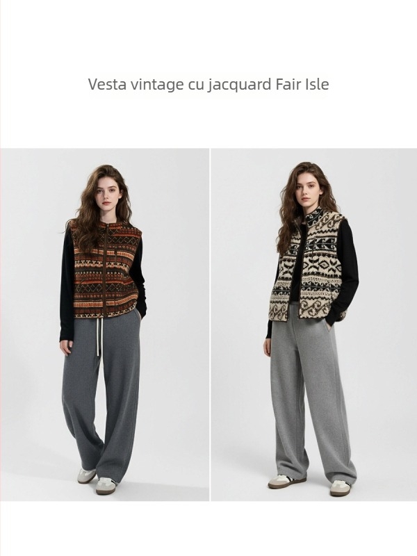 Vesta fără mâneci pentru femei, Jacquard Fair Isle, guler înalt, poliester, casual, Iarna 2025