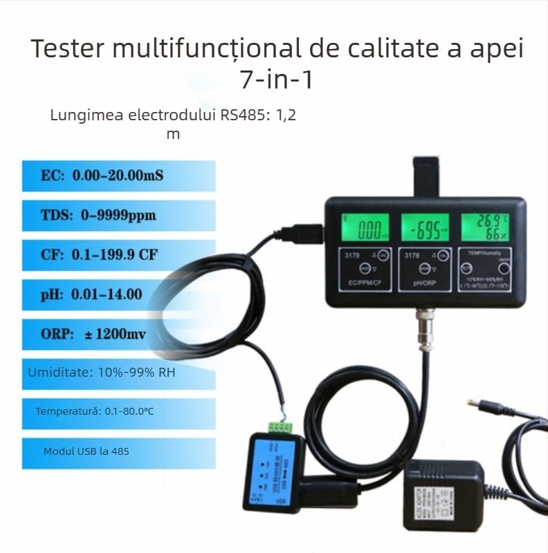 Detector de calitate a apei 7 în 1 - monitor online multi-parametric cu RS485, pH 0-14, precizie 0,01, duritatea totală, salinitate