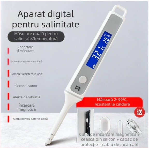 Salinometru pentru alimentație și acvacultură, tester de salinitate pentru apă sărată marină, model CX4010, interval 0-5% și 0-10%, rezoluție 0,01%, alimentare prin încărcare