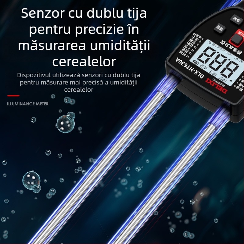 Delixi DLX-HT630A detector de umiditate pentru cereale – pentru grâu, orez, porumb și soia – interval 7,5–55%, rezoluție 0,1%
