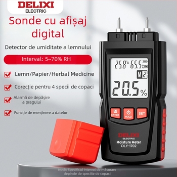 Delixi DLY-1702 Detectoare de umezeală a lemnului, interval -10°C până la 60°C, rezoluție 0.1°C, procesare configurabilă