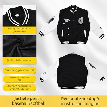 Jachetă americană în stil street, căptușeală velur pentru iarnă, croială lejeră, guler rotund, închidere cu nasturi pe un rând, imprimeu cu litere, material poliester.