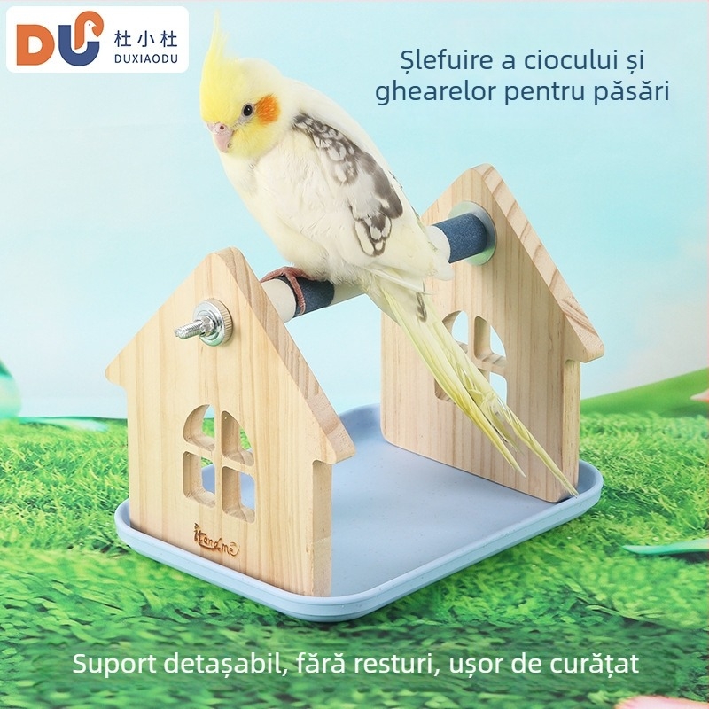 Suport papagal din lemn de pin – birou, potrivit pentru papagali mici și mijlociți, tavă ușor de curățat