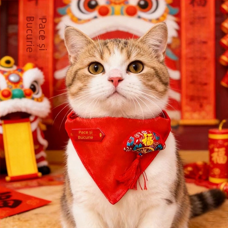 Bucurie de An Nou pentru animale de companie: Esarfă-bib pentru animale, Mohair, Culoare unică, Stil Chinezesc, Motivul Zeului Bogăției, Țesătură Mecanică