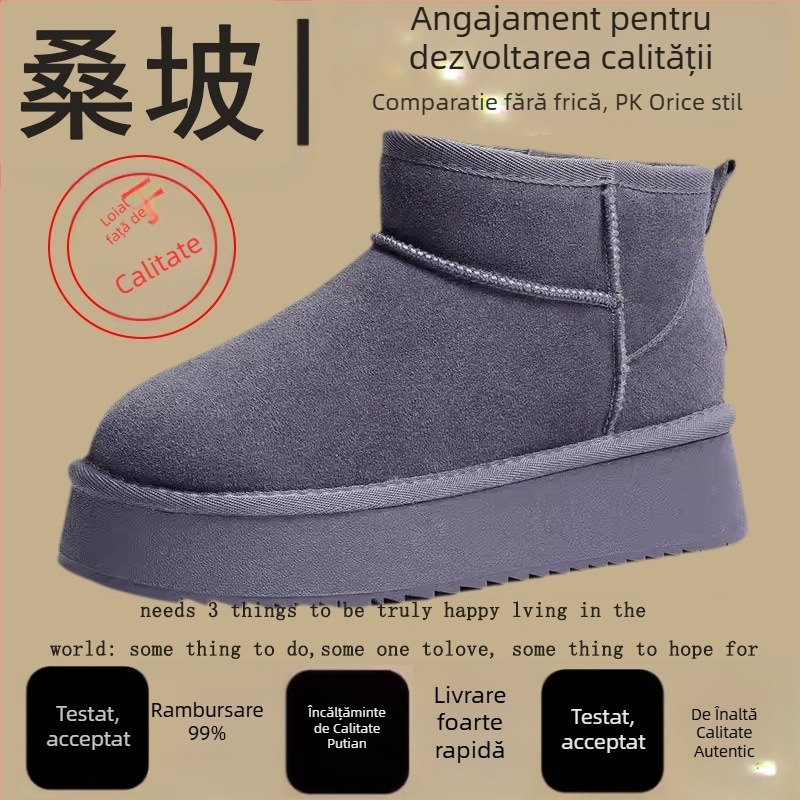 Cizme de zăpadă cu partea superioară din blană integrată, termice, talpă din cauciuc carbon, vârf rotund