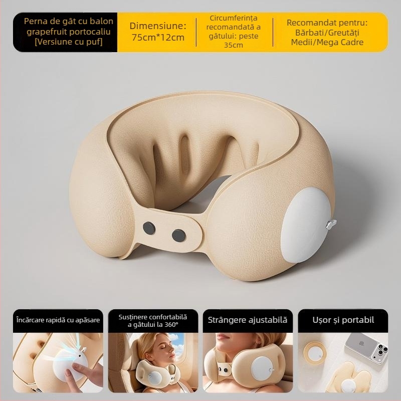 Cyan pernă de călătorie gonflabilă în formă de U, cu husă din PVC, umplere cu aer, stil desen animat, potrivită pentru mașină, călătorii, camping și avion