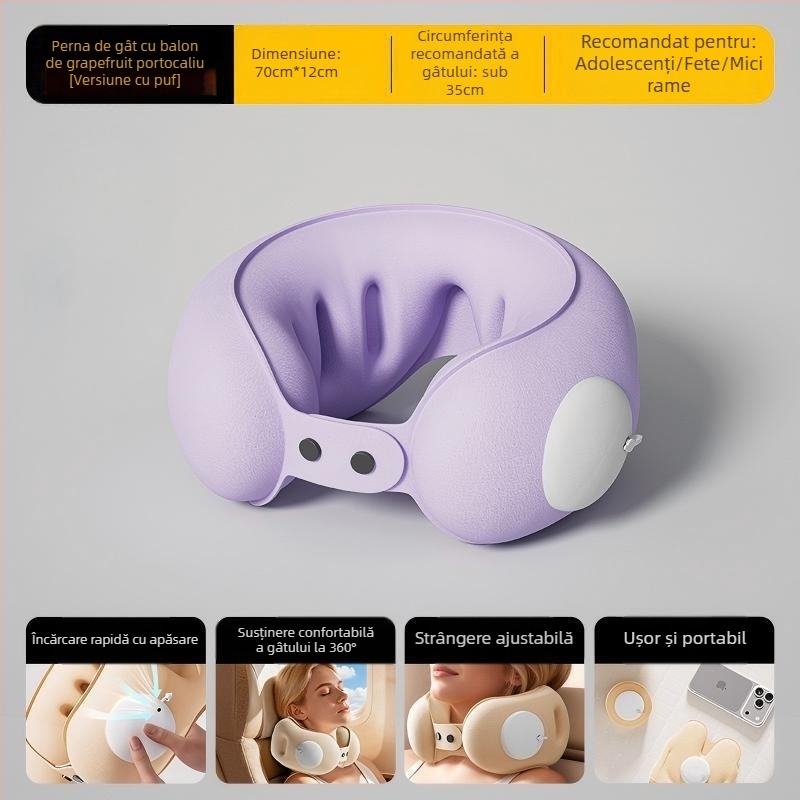 Cyan pernă de călătorie gonflabilă în formă de U, cu husă din PVC, umplere cu aer, stil desen animat, potrivită pentru mașină, călătorii, camping și avion