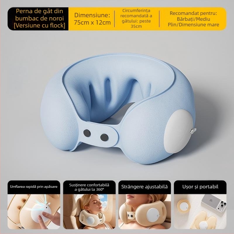 Cyan pernă de călătorie gonflabilă în formă de U, cu husă din PVC, umplere cu aer, stil desen animat, potrivită pentru mașină, călătorii, camping și avion