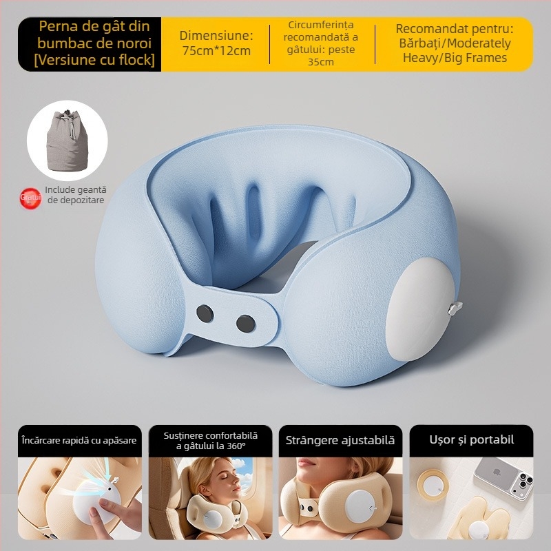 Cyan pernă de călătorie gonflabilă în formă de U, cu husă din PVC, umplere cu aer, stil desen animat, potrivită pentru mașină, călătorii, camping și avion