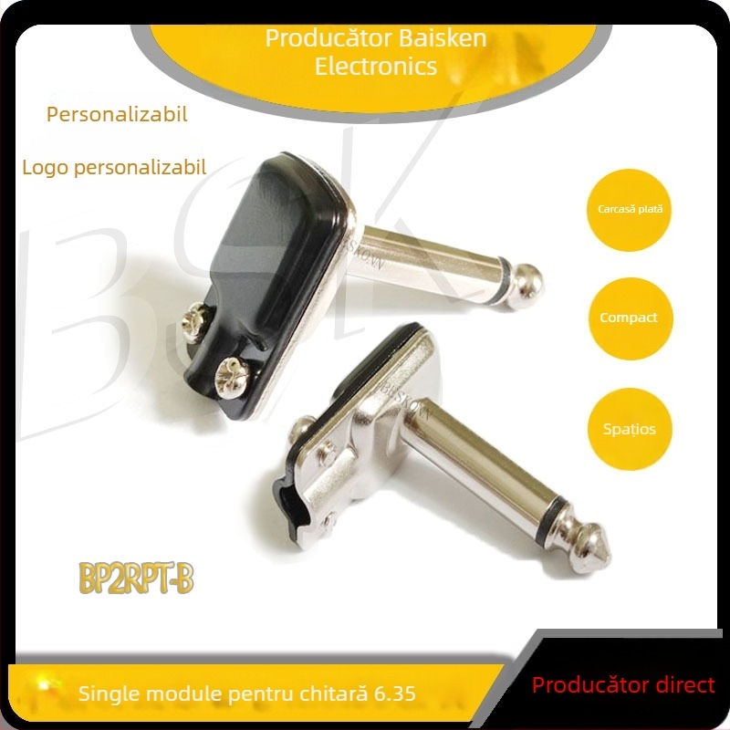 Conector audio TS mono 1/4'', unghi drept, carcasă plată, doi conductori, contacte din cupru, rezistent la foc. Model BP2RPT/BP2RPT-B