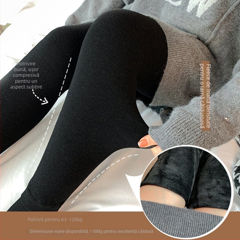 Pantaloni termici pentru femei cu căptușeală de pluș, talie înaltă, lungi, din poliester, grosime medie, croială mulată.