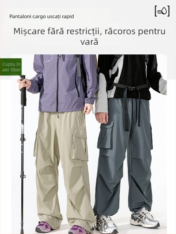 Pantaloni de drumeție unisex, uscare rapidă, compoziție 90% nailon, 10% spandex, talie înaltă cu șnur elastic, potriviți pentru primăvară, vară și toamnă