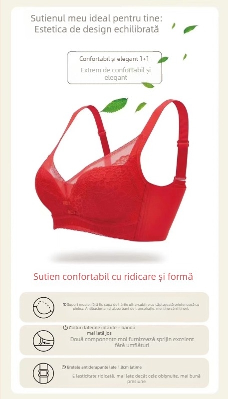 Sutien din nylon; inel metalic de susținere; cupă 3/4, formă subțire; margine dantelată, respirabil; închidere spate cu patru rânduri de cârlige