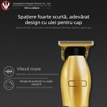 Mașină electrică de tuns păr cu motor brushless, alimentare duală (încărcare/baterie încorporată), baterie încorporată 1200–2000 mAh, autonomie 1–3 ore, lamă din oțel inoxidabil