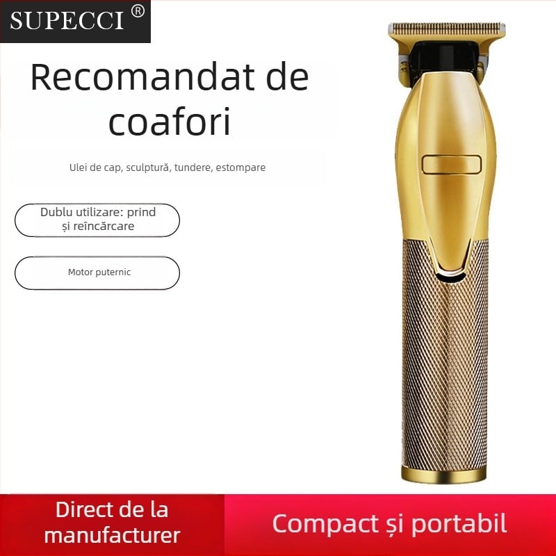 Mașină electrică de tuns păr cu motor brushless, alimentare duală (încărcare/baterie încorporată), baterie încorporată 1200–2000 mAh, autonomie 1–3 ore, lamă din oțel inoxidabil