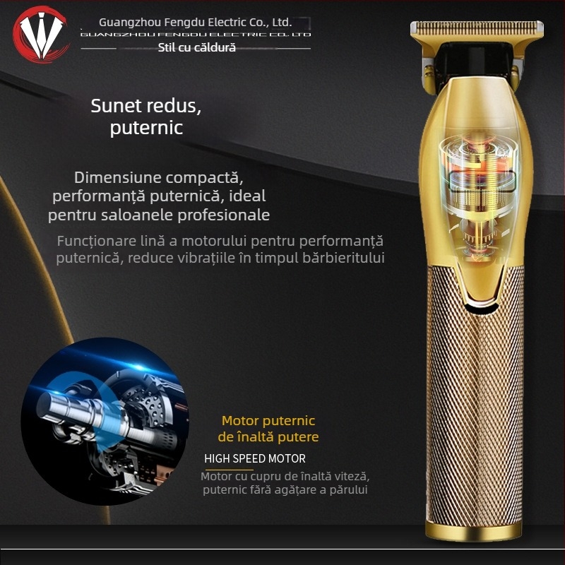 Mașină electrică de tuns păr cu motor brushless, alimentare duală (încărcare/baterie încorporată), baterie încorporată 1200–2000 mAh, autonomie 1–3 ore, lamă din oțel inoxidabil