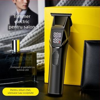 Mașină de tuns păr electrică pentru uz casnic cu iluminare LED, motor cu perii, lame din oțel inoxidabil, baterie încorporată 1200–2000 mAh, afișaj digital, încărcare rapidă