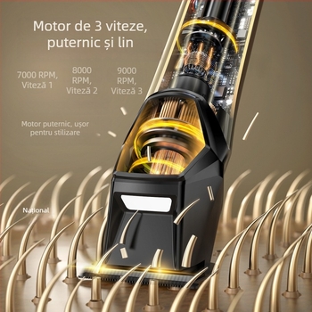 Mașină de tuns păr electrică pentru uz casnic cu iluminare LED, motor cu perii, lame din oțel inoxidabil, baterie încorporată 1200–2000 mAh, afișaj digital, încărcare rapidă