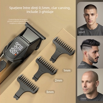 Mașină de tuns păr electrică pentru uz casnic cu iluminare LED, motor cu perii, lame din oțel inoxidabil, baterie încorporată 1200–2000 mAh, afișaj digital, încărcare rapidă