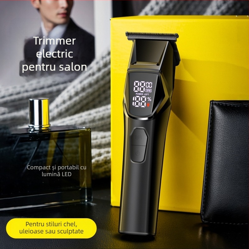Mașină de tuns păr electrică pentru uz casnic cu iluminare LED, motor cu perii, lame din oțel inoxidabil, baterie încorporată 1200–2000 mAh, afișaj digital, încărcare rapidă