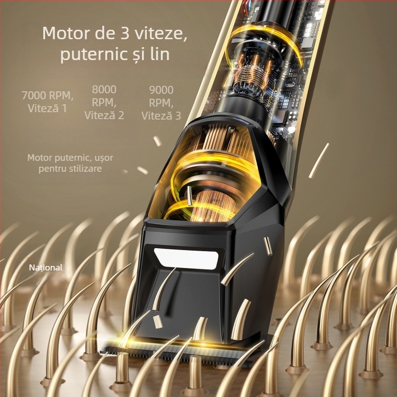 Mașină de tuns păr electrică pentru uz casnic cu iluminare LED, motor cu perii, lame din oțel inoxidabil, baterie încorporată 1200–2000 mAh, afișaj digital, încărcare rapidă